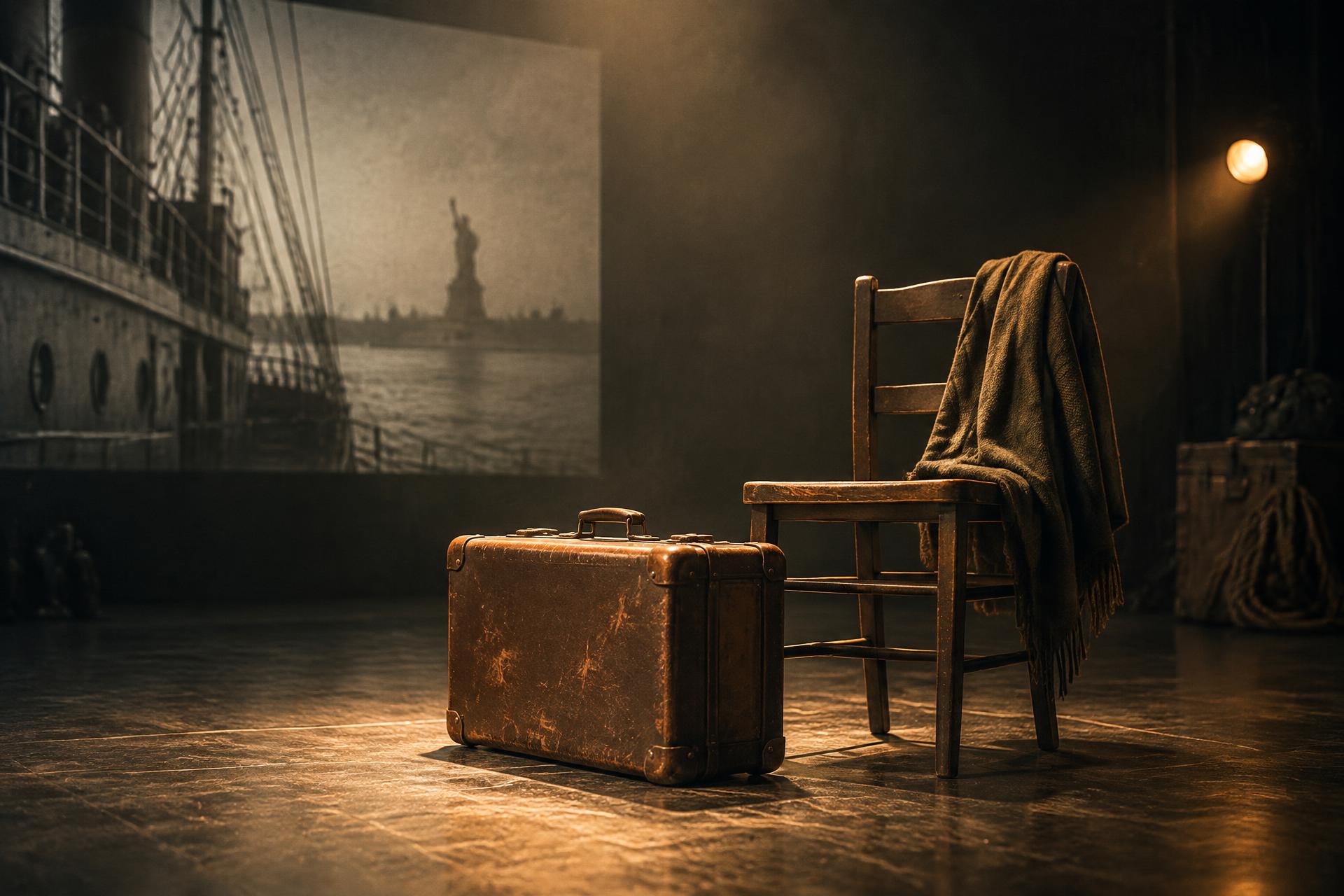 A worn suitcase and a wooden chair on a bare stage, an image of arrival in New York projected behind